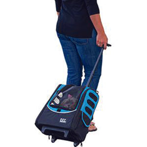 a lady dragging a blue -in-1 Pet Carrier [Backpack/Tote/Roller Bag/Carrier/Car Seat