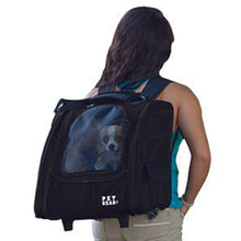 a lady carrying her dog on her back inside a 5-in-1 Pet Carrier [Backpack/Tote/Roller Bag/Carrier/Car Seat], Black 