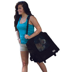a side view image of a lady carrying her dog on her shoulder inside a 5-in-1 Pet Carrier [Backpack/Tote/Roller Bag/Carrier/Car Seat], Black 
