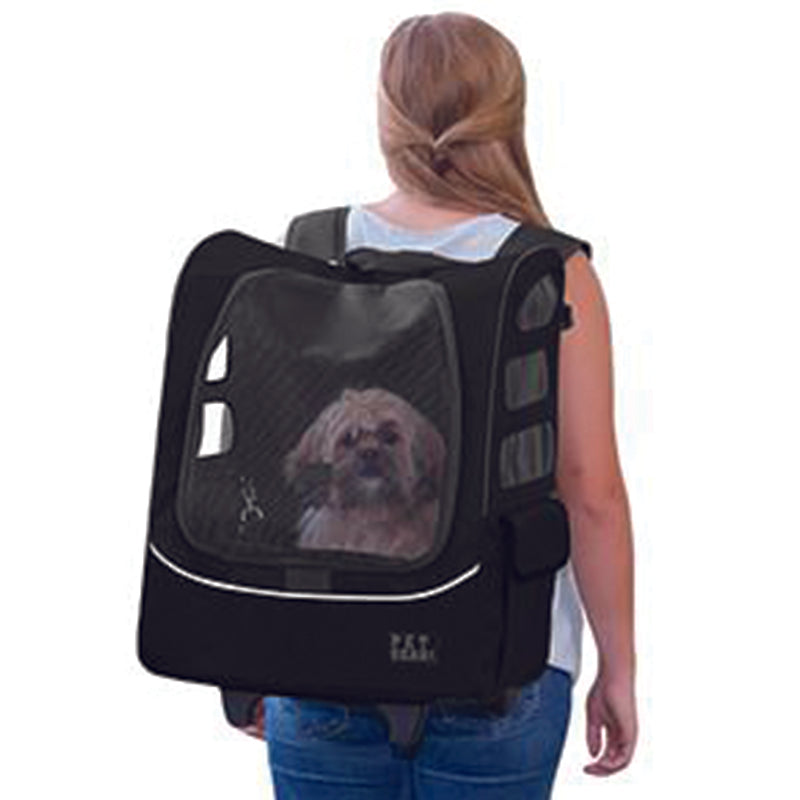 A picture of a lady carrying a shih-tzu inside a black dog carrier on her back 
