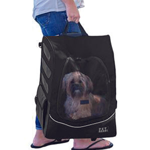 A close up image of a dog inside a black dog carrier being held by a lady