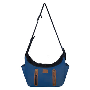 A full view image of a navy blue Sling Pet Carrier Purse