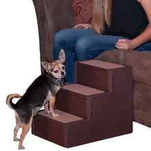 a chihuahua standing on the first step of a chocolate colored pet stair next to a lady sitting on a brown couch