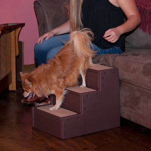 a lady watching her pomeranian get off the brown couch throug a chocolate three step pet stair